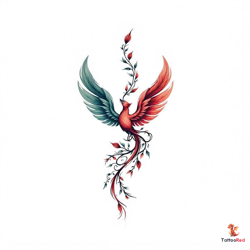 Colorful phoenix tattoo with wide tail feathers for names and a growing vine.