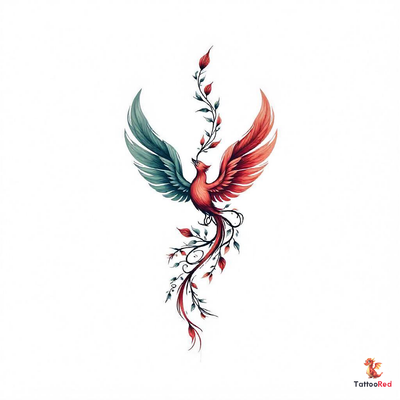 Colorful phoenix tattoo with wide tail feathers for names and a growing vine.