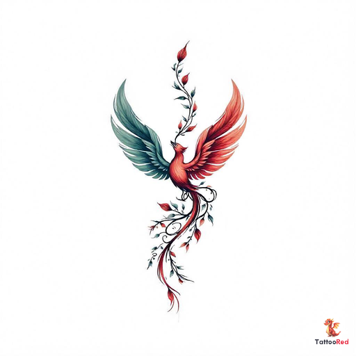 Colorful phoenix tattoo with wide tail feathers for names and a growing vine.
