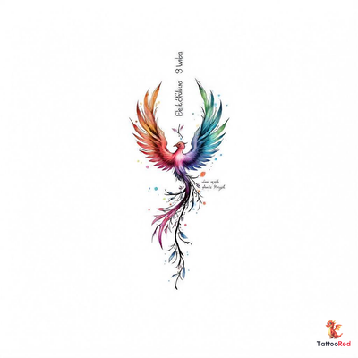 Vibrant watercolor phoenix tattoo design with customizable names