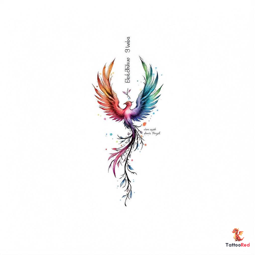 Vibrant watercolor phoenix tattoo design with customizable names