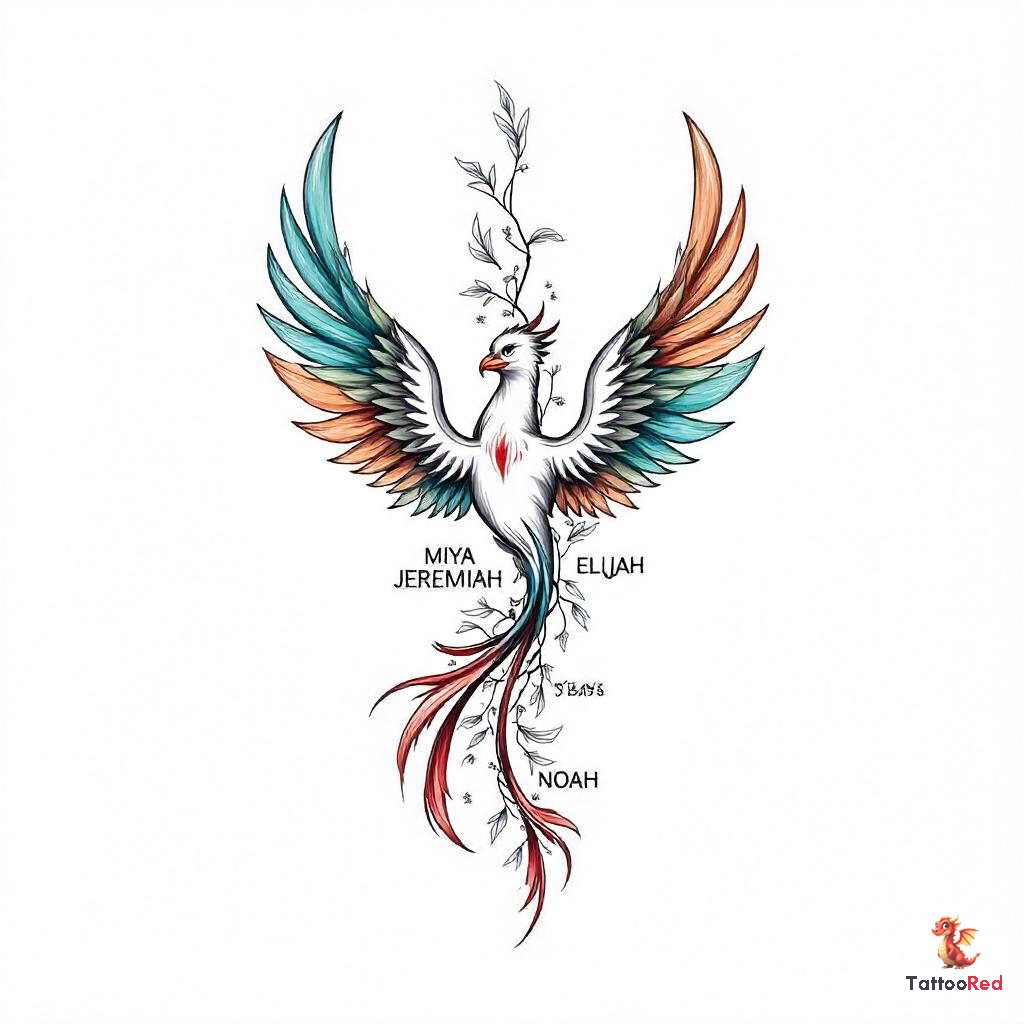 Traditional phoenix tattoo with colorful wings and names Miya, Jeremiah, Elijah, and Noah.