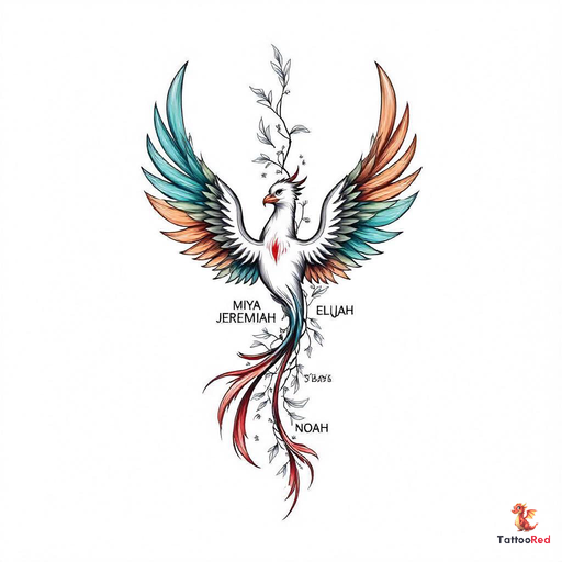 Traditional phoenix tattoo with colorful wings and names Miya, Jeremiah, Elijah, and Noah.