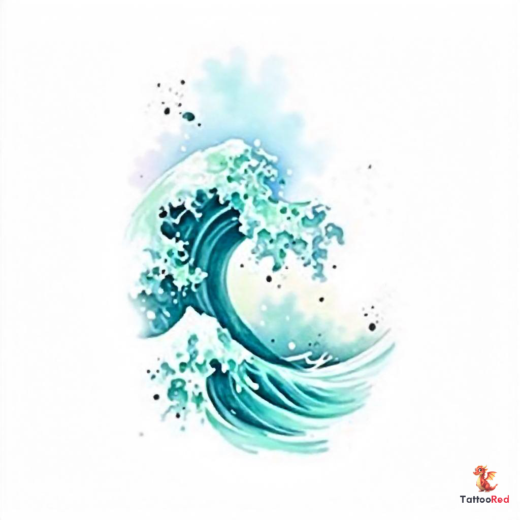 Watercolor tattoo design of ocean waves with vibrant colors and splash effects.