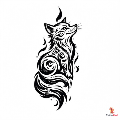 Tribal fox tattoo design featuring bold black patterns and dynamic shapes.