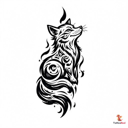 Tribal fox tattoo design featuring bold black patterns and dynamic shapes.