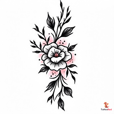 Vintage rose tattoo design featuring a white rose with black leaves and pink accents.