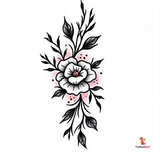 Vintage rose tattoo design featuring a white rose with black leaves and pink accents.