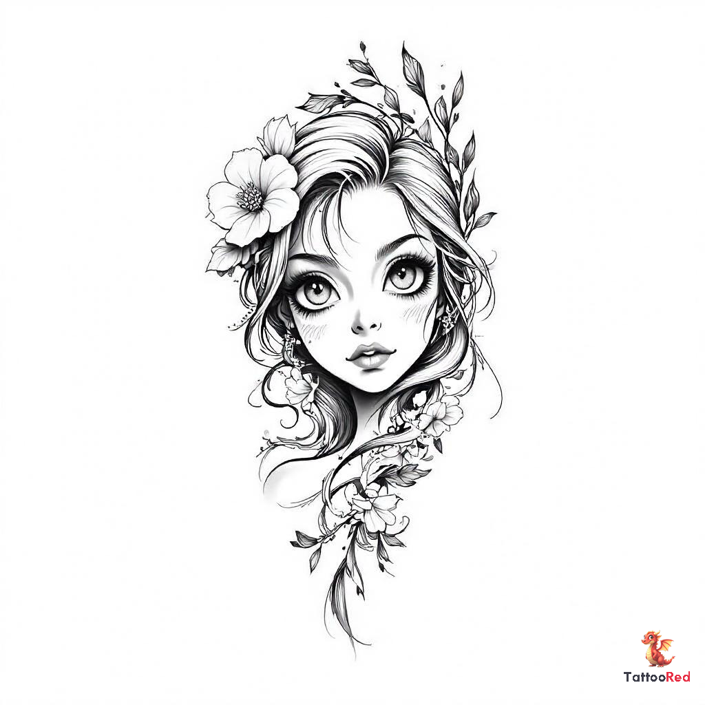 Black-and-grey tattoo of a beautiful girl's face with floral elements.