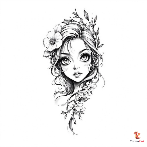 Black-and-grey tattoo of a beautiful girl's face with floral elements.