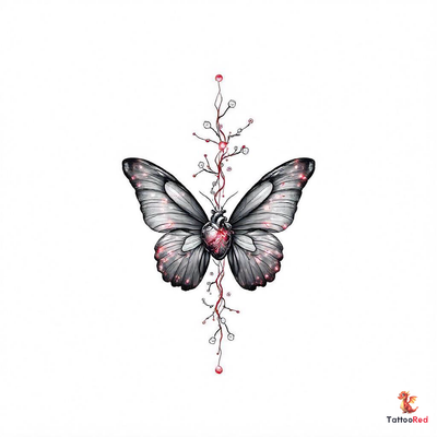 Surreal biomechanical tattoo with glowing heart and butterfly wings made of nanobots.