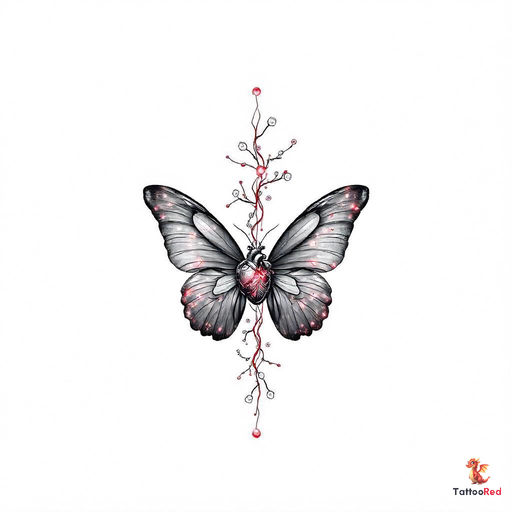 Surreal biomechanical tattoo with glowing heart and butterfly wings made of nanobots.