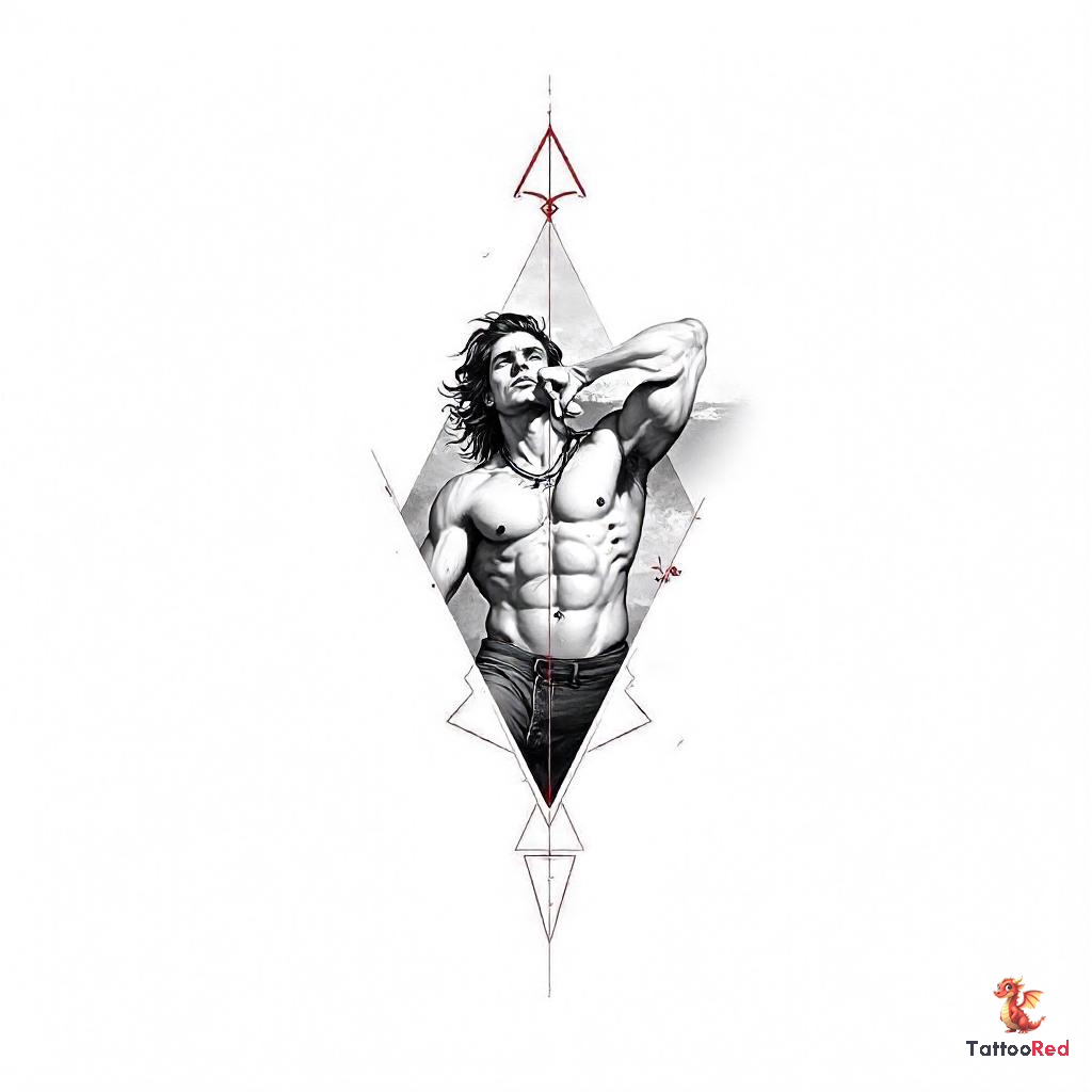 A muscular figure of Sisyphus surrounded by geometric triangles in black and grey.