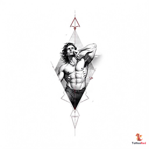 A muscular figure of Sisyphus surrounded by geometric triangles in black and grey.