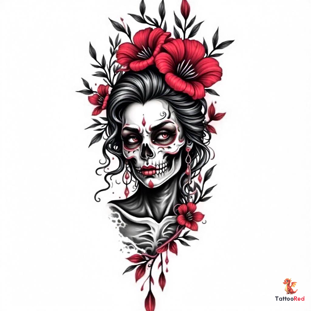 Realistic Mexican death tattoo featuring a skull adorned with flowers.