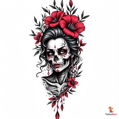 Realistic Mexican death tattoo featuring a skull adorned with flowers.