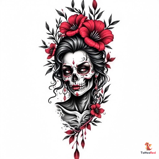 Realistic Mexican death tattoo featuring a skull adorned with flowers.