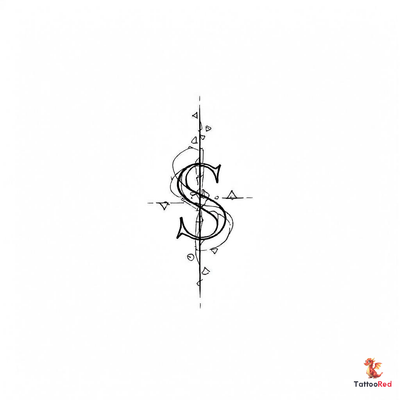 Geometric dollar sign tattoo featuring precise lines and modern design.