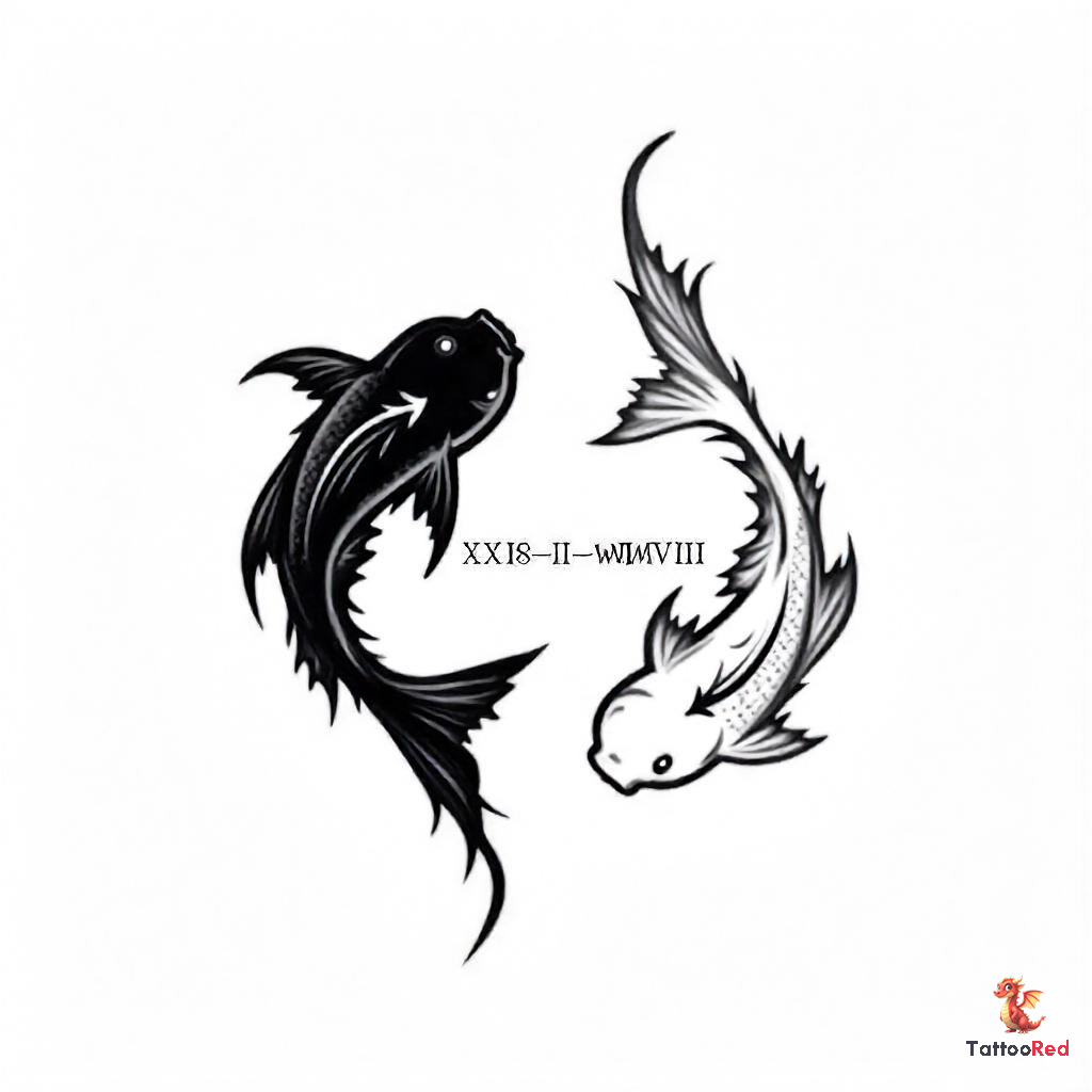Intertwined black and grey Pisces fish tattoo with Roman numerals.