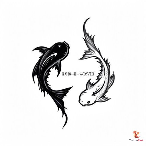 Intertwined black and grey Pisces fish tattoo with Roman numerals.