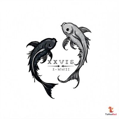 Elegant black and grey tattoo of two intertwined Pisces fish with Roman numerals.