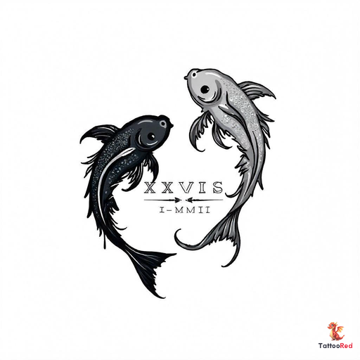Elegant black and grey tattoo of two intertwined Pisces fish with Roman numerals.