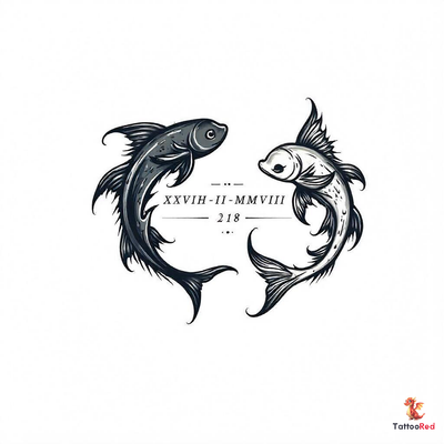 Two black and grey Pisces fish intertwined with Roman numerals tattoo design.