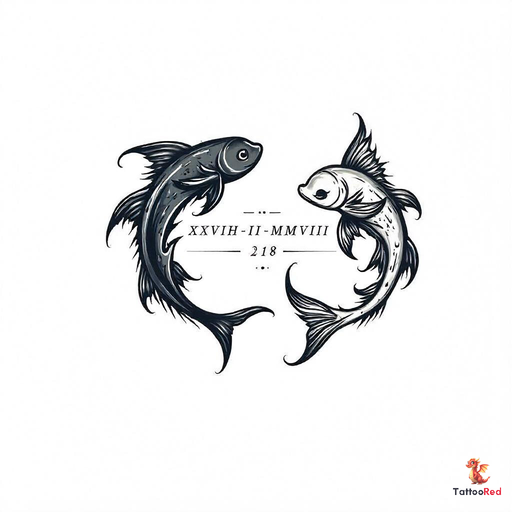 Two black and grey Pisces fish intertwined with Roman numerals tattoo design.