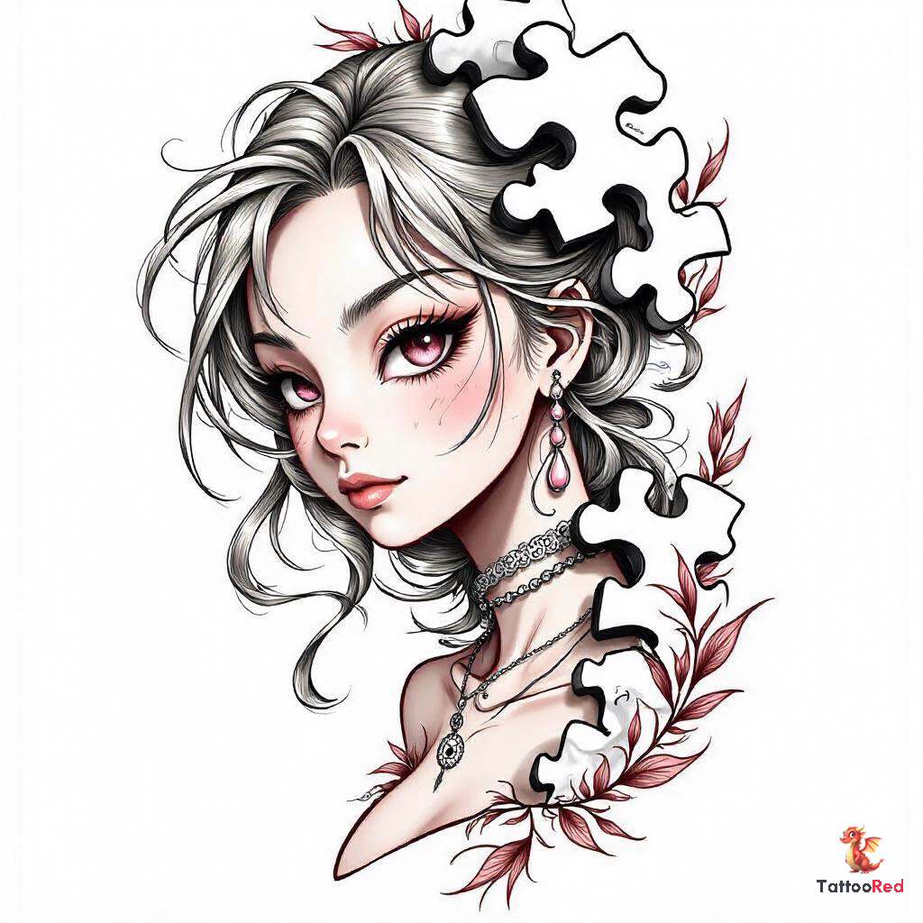Realistic tattoo of a girl with pearl earrings behind a puzzle piece