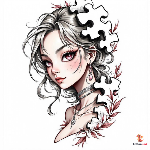 Realistic tattoo of a girl with pearl earrings behind a puzzle piece