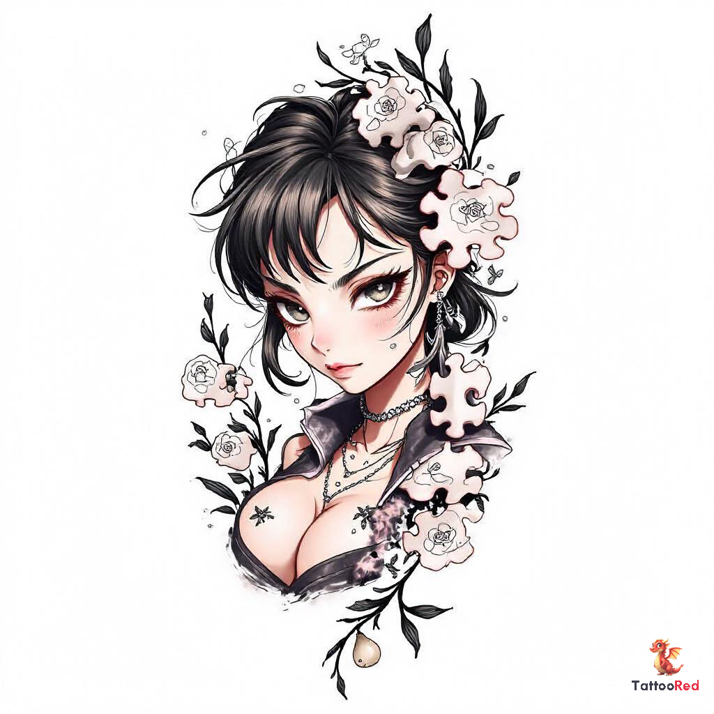 Realistic tattoo of a girl with pear earrings behind a puzzle piece design.