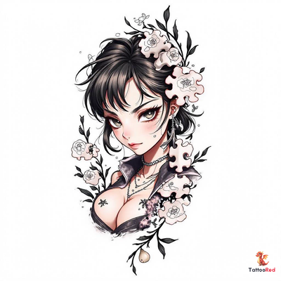 Realistic tattoo of a girl with pear earrings behind a puzzle piece design.