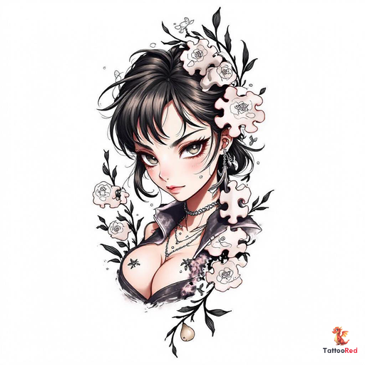 Realistic tattoo of a girl with pear earrings behind a puzzle piece design.