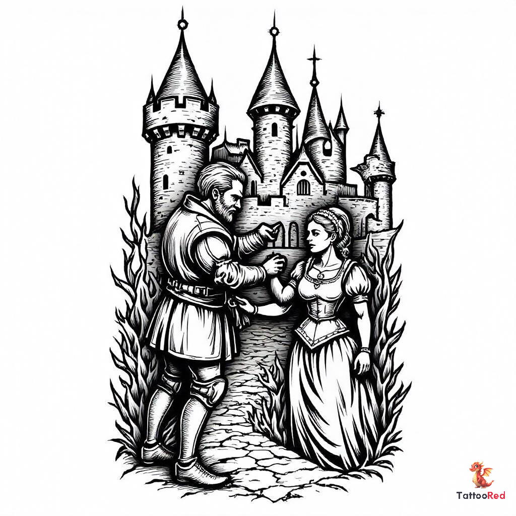 Dramatic tattoo design featuring Nottingham Castle with the Sheriff and Maid Marian, showcasing tension and emotion.