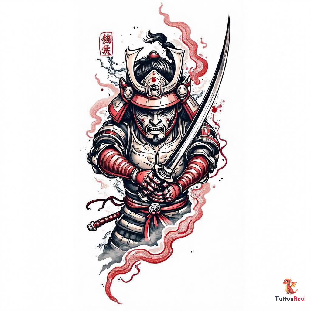 Traditional Japanese tattoo of a fierce samurai wielding a katana.