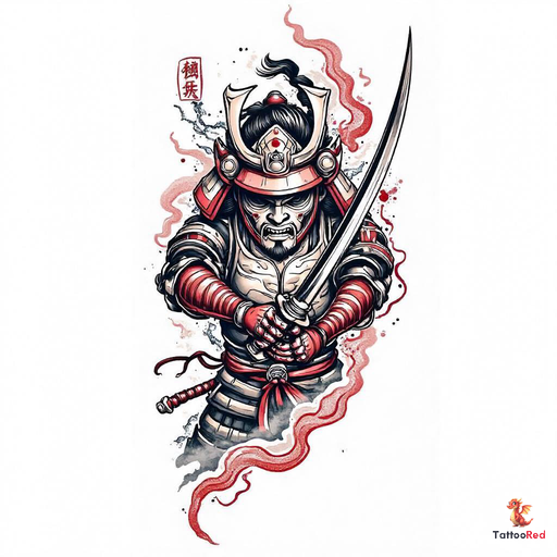 Japanese traditional tattoo featuring a fierce samurai wielding a katana, rich colors, and intricate