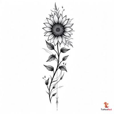 Elegant sunflower tattoo design with intricate details and flowing lines, symbolizing strength and resilience.