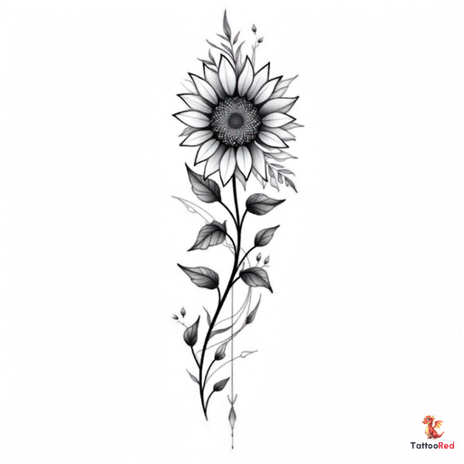 Elegant sunflower tattoo design with intricate details and flowing lines, symbolizing strength and resilience.