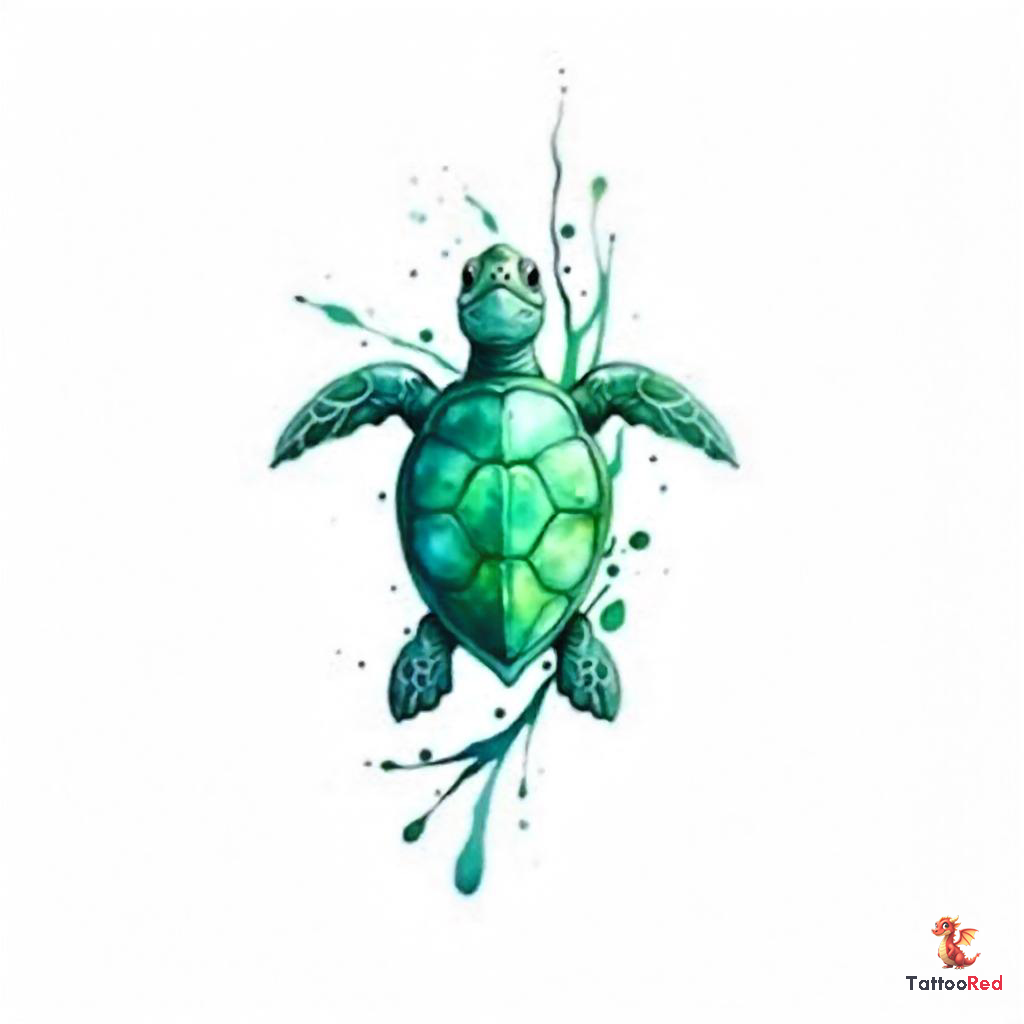 Watercolor turtle tattoo design in serene greens and blues