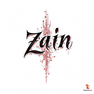 Hacker-themed tattoo with the name 'Zain' in stylized text and circuit board design.
