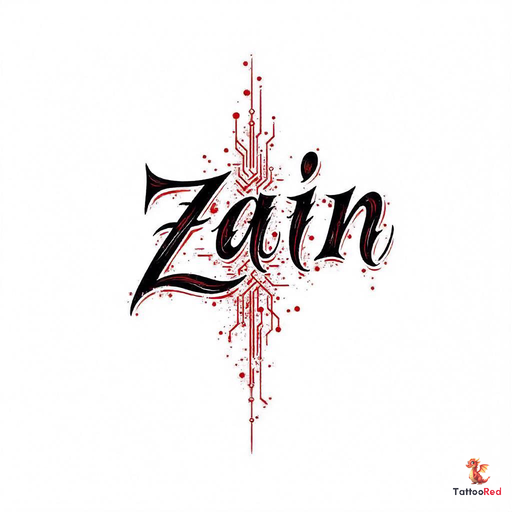 Hacker-themed tattoo with the name 'Zain' in stylized text and circuit board design.