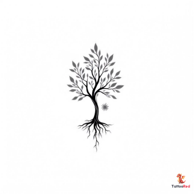 Minimalist family tree tattoo with clean lines and roots.