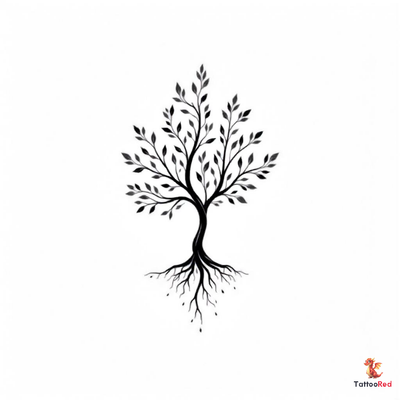 Elegant minimalist family tree tattoo design with clean lines and symbolic roots.
