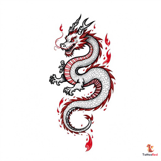 Intricate Japanese-style dragon tattoo with flames and detailed scales.