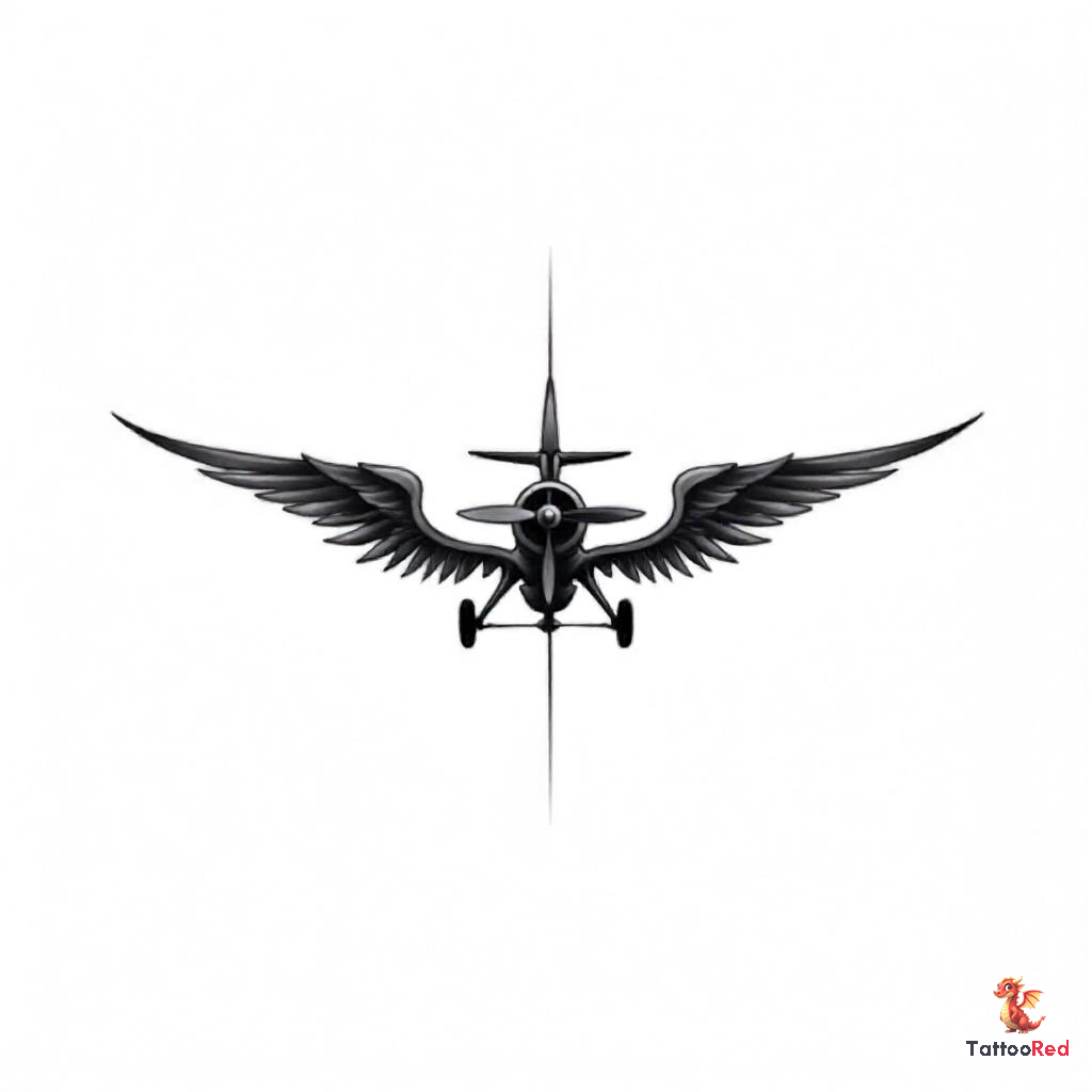 Vintage biplane silhouette tattoo with detailed wings and propeller.