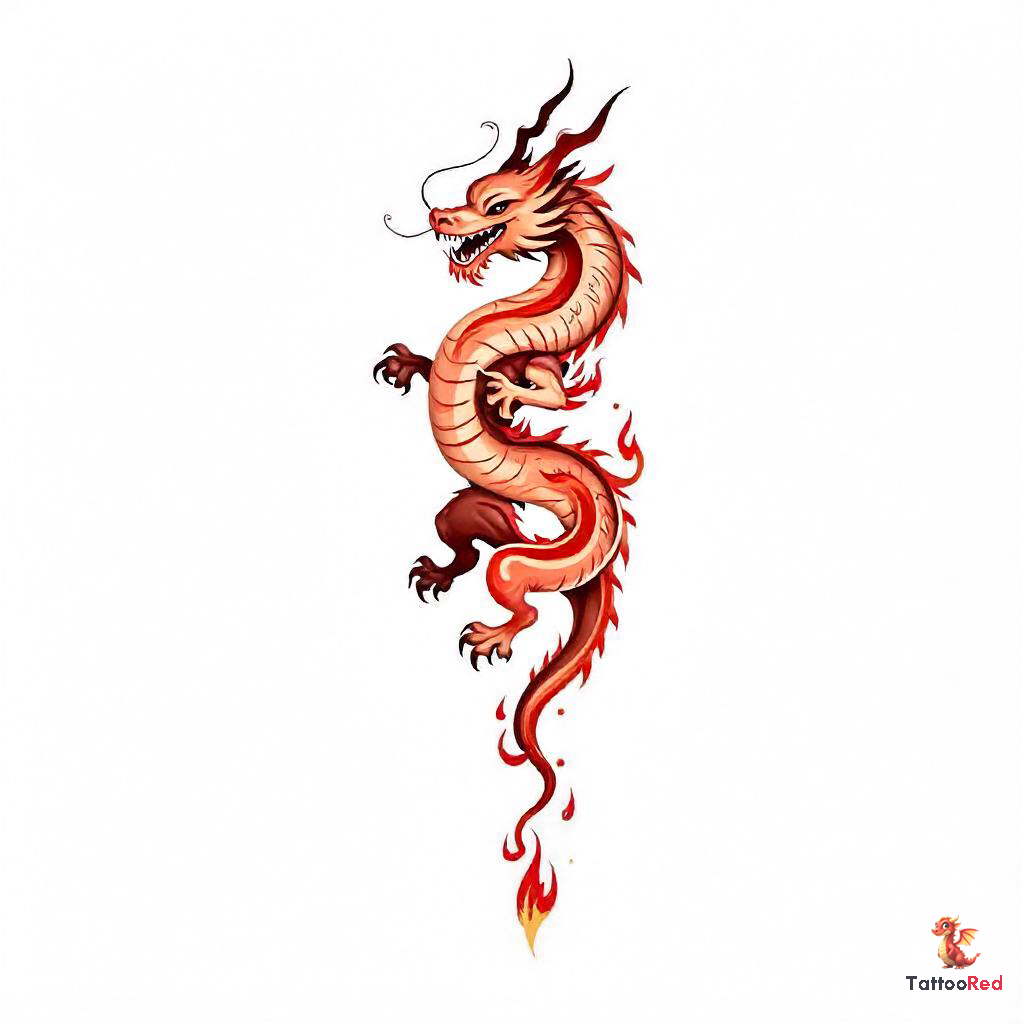 Fired dragon tattoo design with flames and vibrant colors.