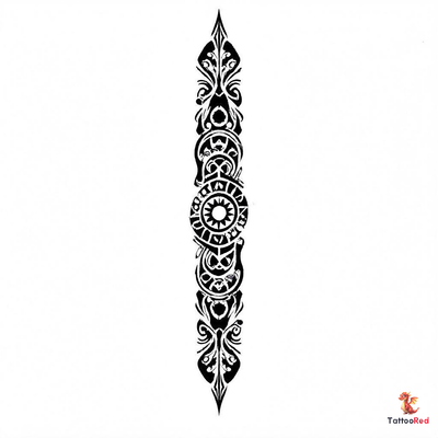 Intricate Polynesian geometric tattoo design with bold black lines.