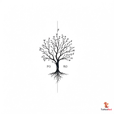 Minimalist family tree tattoo with clean lines and initials PROW incorporated
