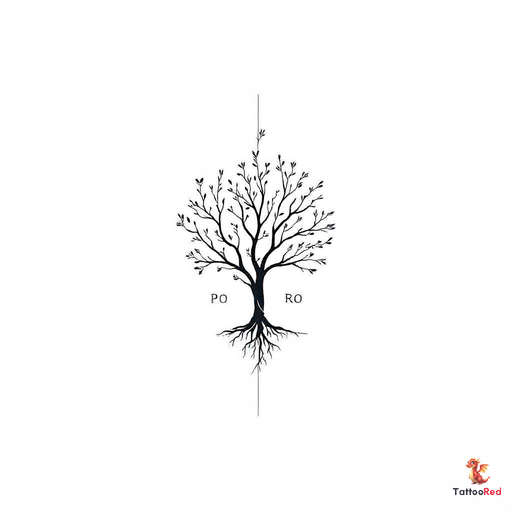 Minimalist family tree tattoo with clean lines and initials PROW incorporated