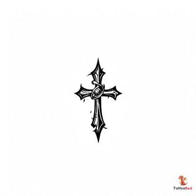 Stylized black-and-grey cross tattoo design with snake wrapped around it.